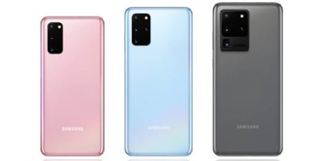 Tri modela Galaxy S20 telefona u nebesko roze, nebesko plavoj i kosmičko sivoj boji