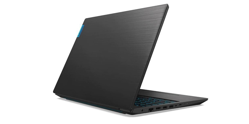 Lenovo laptop crne boje preklopljen pod oštrim uglom